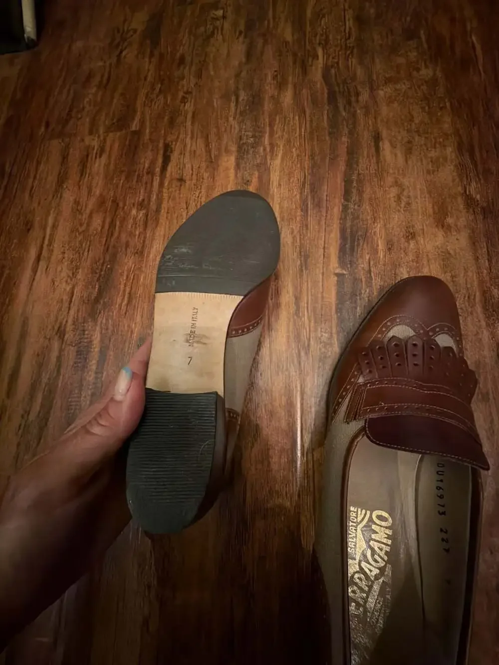 Salvatore Ferragamo Brown Leather and Canvas Kiltie Wingtip Loafers